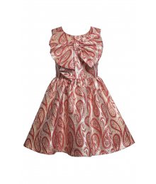 AVAILABLE ONLY  AFTER DEC 12 2025 , Bonnie Jean Red Sleeveless Metallic Paisley jacquard Large Bow Bodice Dress